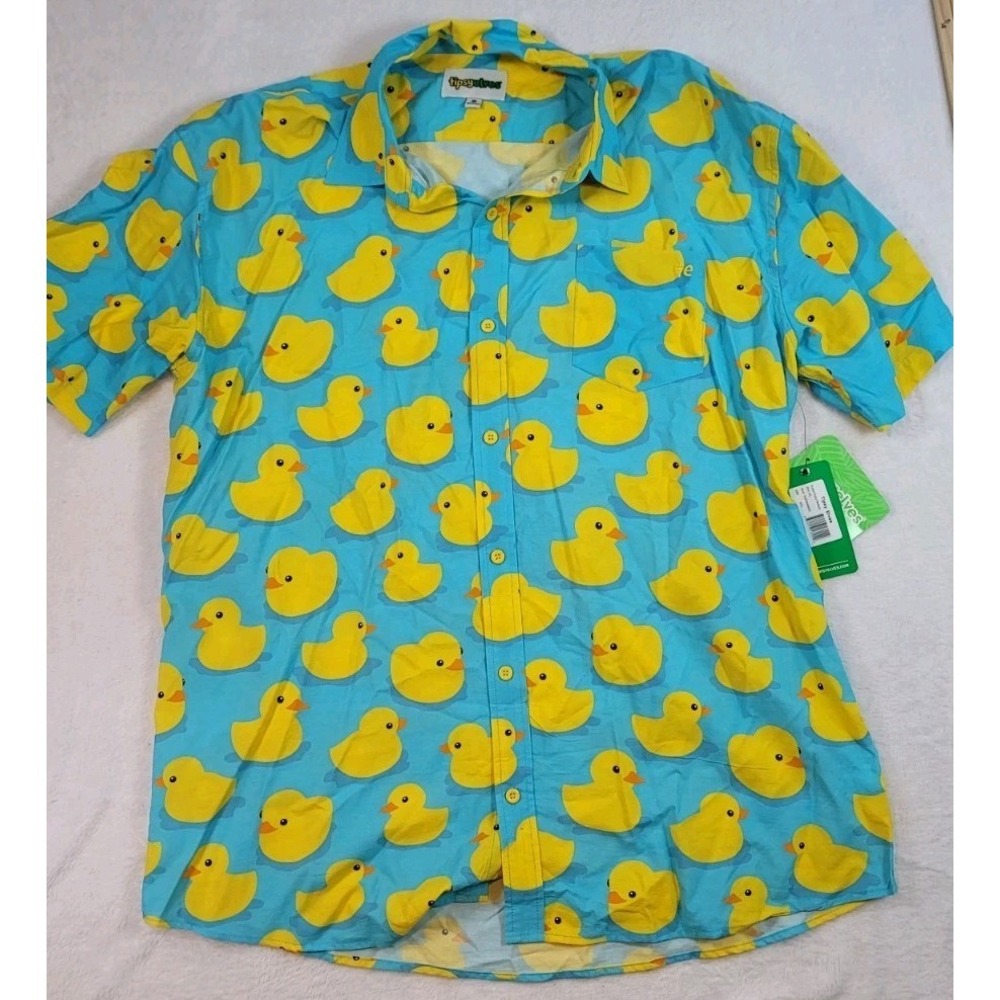 NWT Tipsy Elves Shirt Men's XXL Blue Yellow Rubber Duck‎ Button Up Short Sleeve